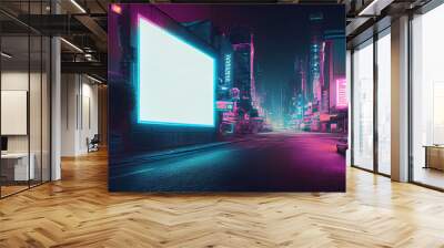 Neon future Illustration sketch of the futuristic city in the style of cyberpunk. Empty street with neon lights and big glowing billboard mockup. Generative ai. Wall mural