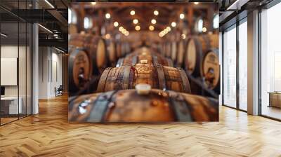 Oak casks maturing in storage building Wall mural