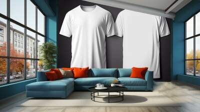 Oversize T-shirt mockup. White blank t-shirt front and back views. Female and male clothes wearing clear attractive apparel tshirt models template. Generative Ai. Wall mural