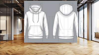 Oversized cotton-fleece hoodie technical fashion illustration with relaxed fit, long sleeves. Flat outwear jumper apparel template front, back white color. Generative Ai. Wall mural