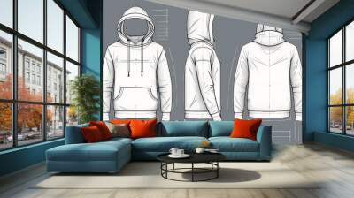 Oversized cotton-fleece hoodie technical fashion illustration with relaxed fit, long sleeves. Flat outwear jumper apparel template front, back white color. Generative Ai. Wall mural