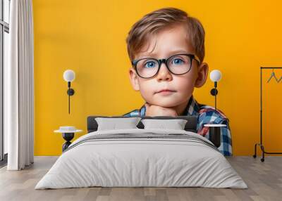 Pensive young lad wearing spectacles against a colored backdrop. Wall mural