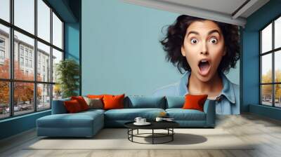 Portrait of excited overjoyed and shocked young indian woman. Unbelievable. Looking at camera and spreading hands. Isolated on background. Advertising. Generative Ai. Wall mural