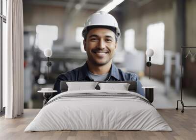 Portrait shot of a confident Hispanic male factory worker with arms crossed, industrial construction industry, robot industry. Generative AI Wall mural