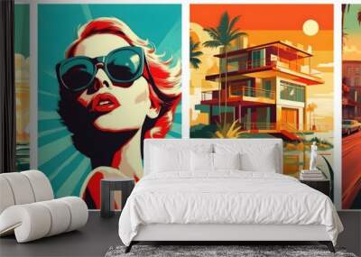 Poster template set for your text. Summer, Sunset, Woman, Travel. City with palm trees and cars, Beautiful villa building on the ocean. Generative Ai. Wall mural