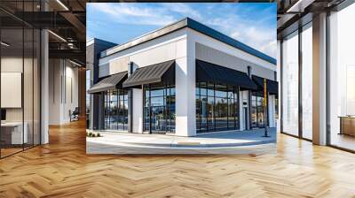 Prime commercial space for sale or rent in a versatile mixed-use building with storefront and awning. Wall mural