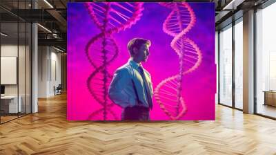 Professional scientist making research over DNA molecule structure. Genetic engineering, GMO and Gene manipulation concept. Generative Ai. Wall mural