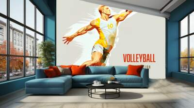 Realistic volleyball player on white background. Volleyball player man hits the ball. Art illustration. Generating Ai. Wall mural