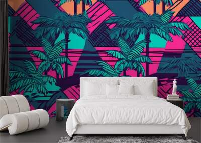 Retrowave exotic leaves summer funky shirt seamless pattern. 80s 90s pop art memphis style. Miami or Hawaii style. Expressive ornament for textile, wrapping. Generative ai. Wall mural