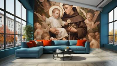 Saint Anthony of Padua religion faith holy illustration. St. Anthony. Patron Saint of Lost Items. With Child Jesus. Wall mural