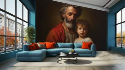 Saint Joseph St. Joseph with Jesus Christ, the Patron Saint of the Catholic Church. San Jose. Generative ai. Patron Saint of Fathers, Workers Wall mural