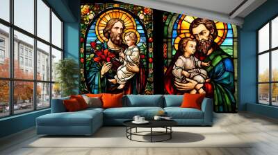 Saint Joseph St. Joseph with Jesus Christ, the Patron Saint of the Catholic Church. San Jose. Generative ai. Stained Glass Wall mural