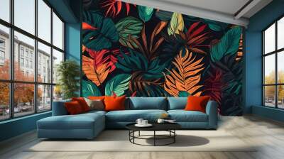 Seamless vector pattern with exotic tropical plants in modern style. Trendy jungle colorful background design. Nature textile fashion wallpaper print. Generative Ai. Wall mural