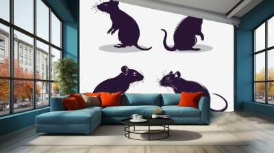 Set of graphic illustration of a black silhouette of a realistic rat in isolate on a white background. Vector illustration Wall mural