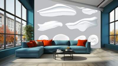 Set of realistic smears of cosmetic white cream for skin of different shapes and sizes isolated on background. Vector. Wall mural