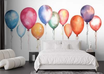 Set of watercolor air balloons isolated on white. Colorful hand painted greeting elements illustration.  Wall mural