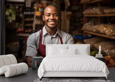 shop employee gazes at the lens and grins in a local barter. Wall mural