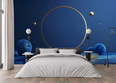 Sleek and contemporary luxury stage concept with a celestial blue backdrop, ideal for displaying high-end items or accolades. Artwork. Wall mural