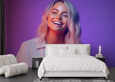 Smiling. Portrait of female fashion model in cotton shirt isolated on purple background in neon light. Generative ai Wall mural