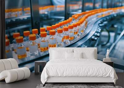 State-of-the-art contemporary pharmaceutical facility producing medical ampoules on a conveyor belt with orange caps, for the creation of vaccines and medications. Wall mural