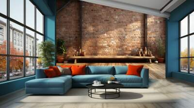 Step into a loft-style room through this 3D render, where a generous window illuminates the space, complementing the modern wooden floor and brick wall. Wall mural