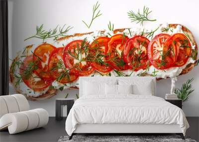 Succulent cheese spread on toasted bread topped with tomato slices and dill, captured from above on a white background. Wall mural