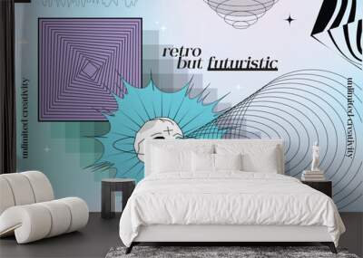 Super trendy geometric Y2K aesthetic brutalism styled linear shapes and forms. Set including stars, deformation, bubbles, arrows and other trendy shapes. Wall mural