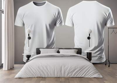 T-shirt mockup. White blank t-shirt front and back views. Female and male clothes wearing clear attractive apparel tshirt models template. Generative Ai. Wall mural