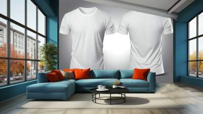 T-shirt mockup. White blank t-shirt front and back views. Female and male clothes wearing clear attractive apparel tshirt models template. Generative Ai. Wall mural