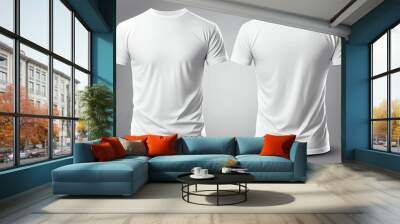 T-shirt mockup. White blank t-shirt front and back views. Female and male clothes wearing clear attractive apparel tshirt models template. Generative Ai. Wall mural