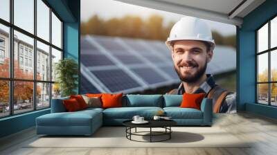 The portrait of a proud young engineer smiles satisfied with his successful work with his arms crossed. Renewable energy, technology, electricity, green power. Generative Ai. Wall mural