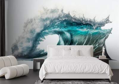 Tropical blue surfing wave. Generative Ai. No people. Beautiful deep blue tube wave in the Ocean. Isolated on white background. Wall mural