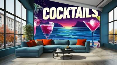 Tropical evening cocktails banner template featuring a geometric design, ideal for an alcohol menu at a summer celebration. Wall mural