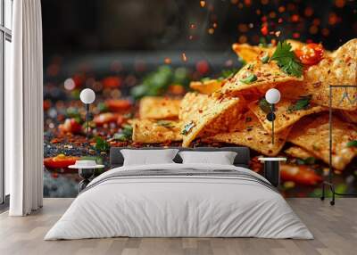 Tumbling maize crisps spicy Tex-Mex nachos alone on dark surface. Wall mural