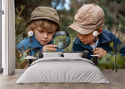 Two young males using a magnifying lens in nature. Wall mural