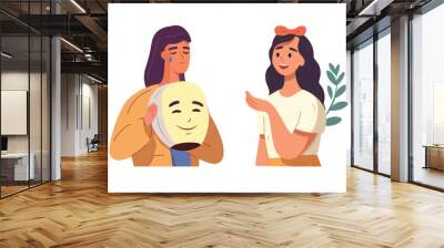 Unhappy person hiding real upset emotion Sad woman pretending happy, everything is okay. Feeling, disguised fake smiling mask. Flat graphic vector illustration isolated on white background. Wall mural