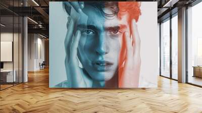 Unique artistic montage featuring a troubled young man with his hands on his head, struggling with mental health issues and feeling like an imposter, against a blank background. Wall mural