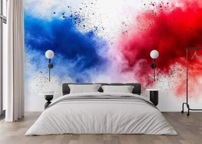 Vibrant tricolor French flag explosion with blue, white, and red holi paint on a white background representing France and its culture. Wall mural