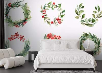 Watercolor drawing. Set of Christmas wreaths. New Year's festive wreaths, round frames of green and red color from leaves and coniferous branches with red berries. Wall mural