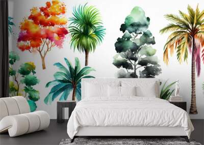 Watercolor tropical trees set. Palm tree in green color isolated on white background. Vintage coconut and banana trees. Floral tropical jungle. Generative Ai. Wall mural