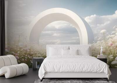 White natural beauty podium backdrop with spring flower field and arc. 3d style. Generative Ai. Wall mural