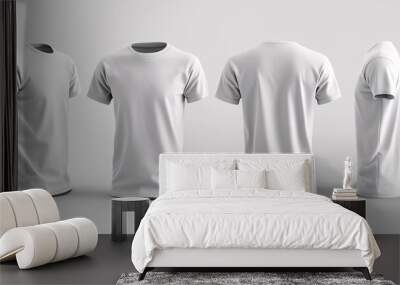 White round neck t shirt set with front, back, and side views on a white background, isolated file for graphic design and artwork mockups. 3D rendered. Wall mural