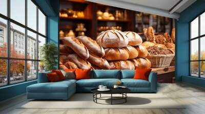 Within the cozy bakery, a delightful array of diverse bread loaves graces the shelves, tempting the senses. Wall mural