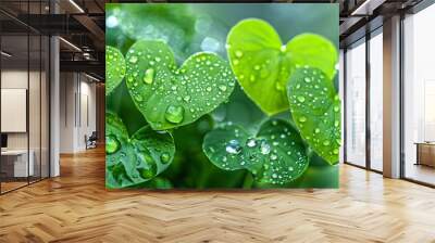 Wood sorrel (Oxalis acetosella) is a blooming plant with close-up of moist emerald heart-shaped foliage and water droplets after a May rain, with a blurred backdrop and selective emphasis. Wall mural