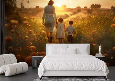 A woman and two childs walking in beautiful flowers field in soft warm orange and yellow sunrise light, illustration ai generative Wall mural