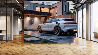 An electric car parked in front of a modern house is charging Wall mural