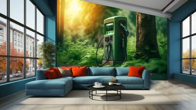 Charging station for electric vehicles in a forest, eco concept, illustration ai generative Wall mural