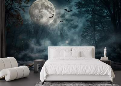 Empty rustic wood table with halloween background Wall mural