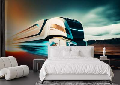 Futuristic european truck run in highway at sunset, illustration ai generative Wall mural