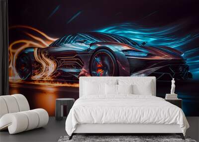 Generic and unbranded futuristic car runnight with light trails, generative ai illustration Wall mural